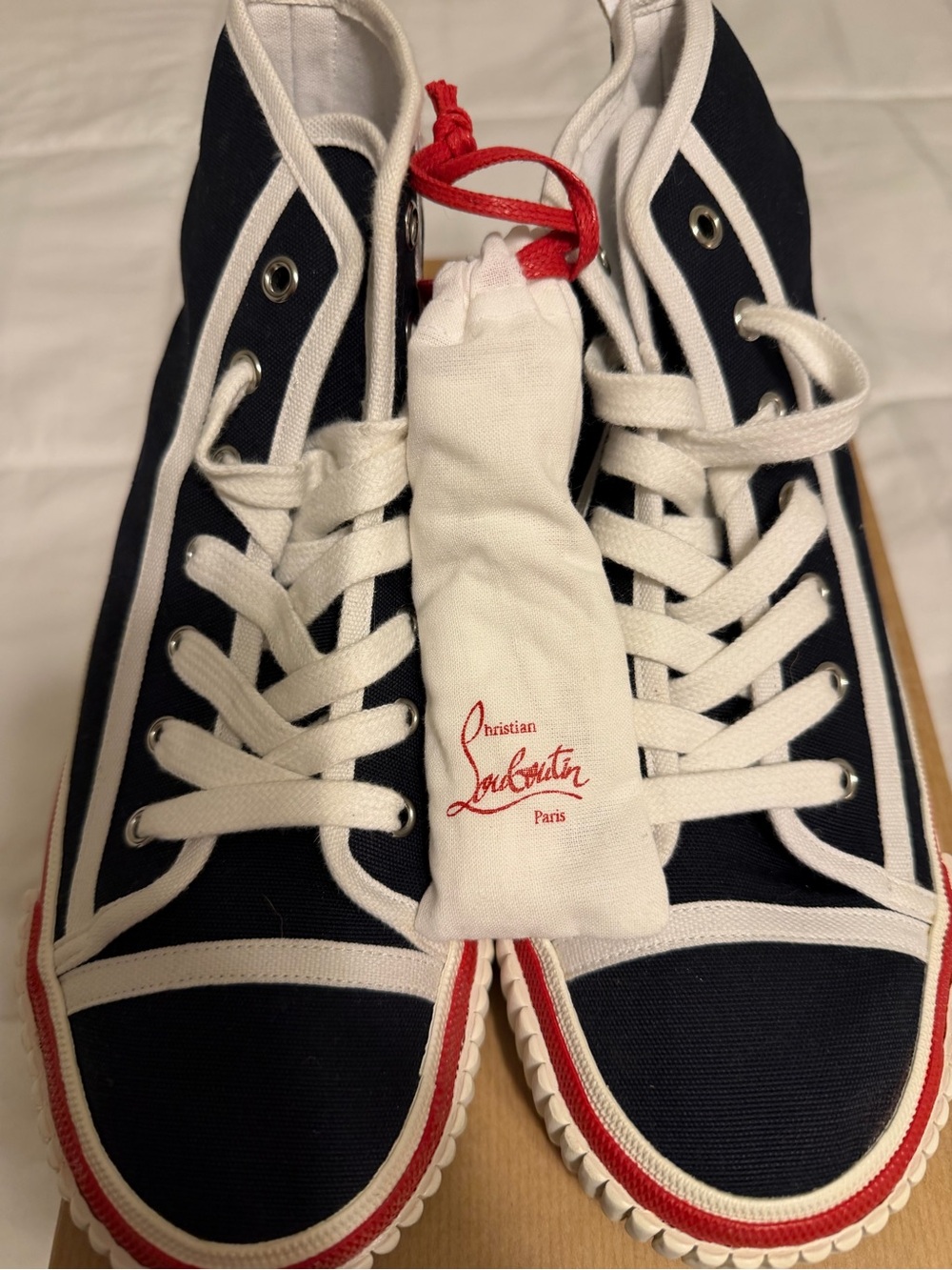 Christian Louboutin Navy and Red Trim Canvas Flats